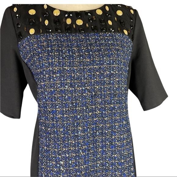 Ellen Tracy Tweed Knit Sheath Dress Embellished Blue Black Careerwear Office 10 - Picture 3 of 9